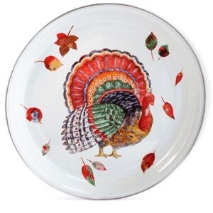 Holiday Turkey Tray Enamel VTG Hallmark  Platter Round Enamel Serving Dish